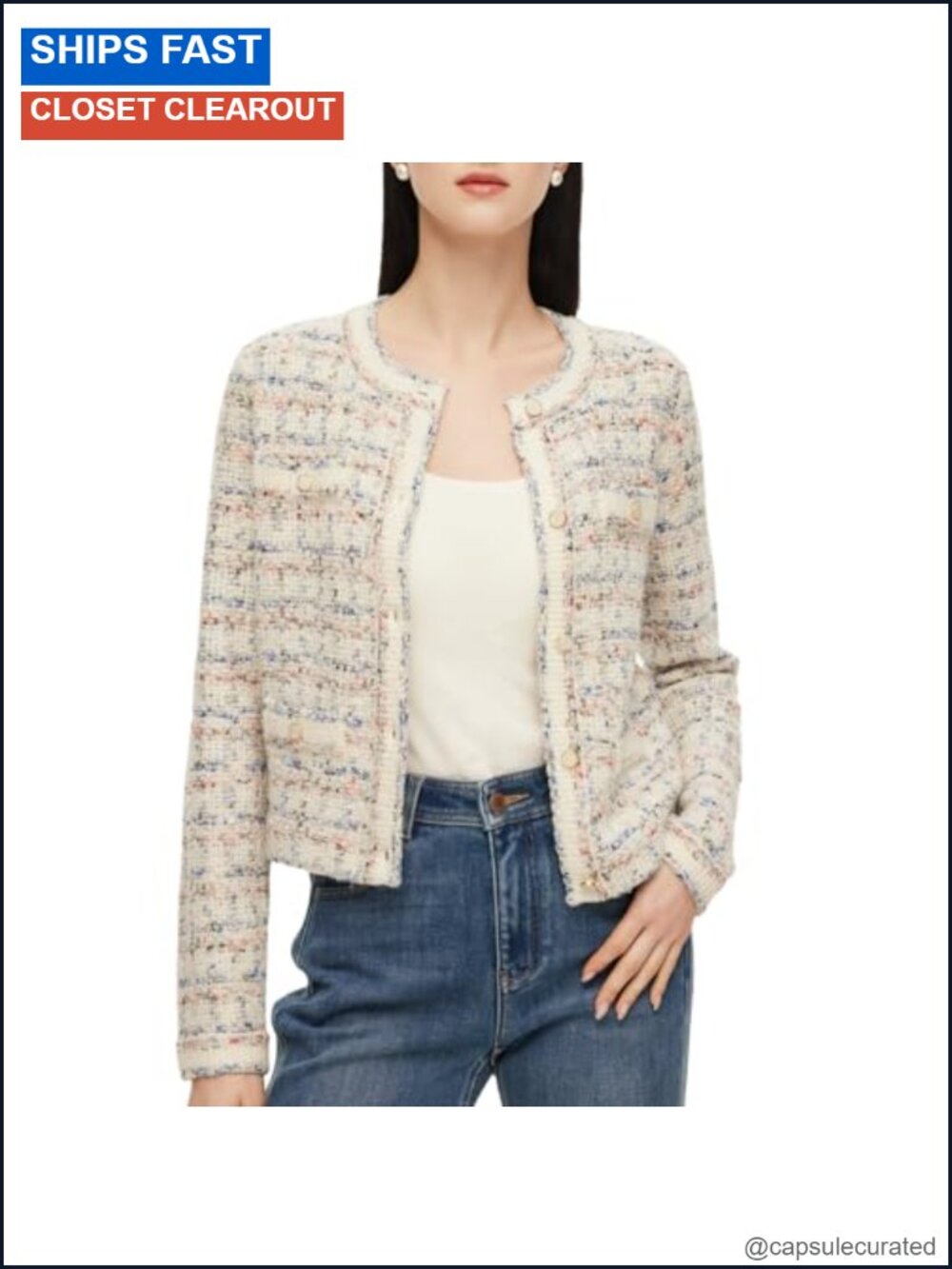 Wool Blend Cotton Tweed Knit Cardigan Long Sleeve Jacquard Sweater